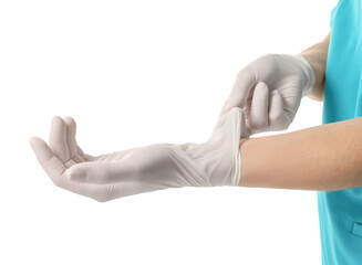 Doctor wearing medical gloves on white background, closeup