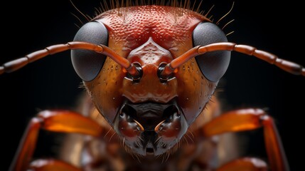 An extreme close up of the head of an ant