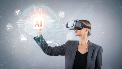 Businesswoman using AI generated while looking at holographic icon. Skilled project manager...