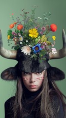 A Taurus girl with long hair, wearing black fur and bull horns decorated with wildflowers, studio photography with a green background, portrait photography in the style of a fashion magazine cover