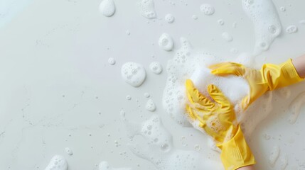 Hands in yellow protective gloves scrubbing a white surface covered in soap suds, symbolizing cleanliness, hygiene, and the process of disinfecting surfaces to maintain health standards