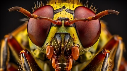 Take an extreme close up photograph of a wasp's head. The wasp should be in focus and the background should be blurred. The wasp should be facing the camera.