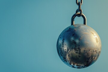 A large metal ball hanging from a chain. Perfect for industrial concepts