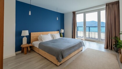 Simple modern bedroom interior ideas, blue wall, cozy bed, minimalistic design