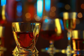 One liqueur in glass on mirror table against blurred background, closeup. Space for text
