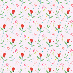 Seamless spriinig soft patttern with red flowers, green leaves for wrapping, holidays, packaging, wallpapers, notebooks, fabrics