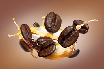 Coffee splash and roasted beans in air on brown gradient background