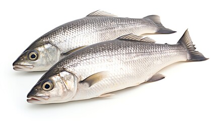 Two fresh sea bass on a white background.