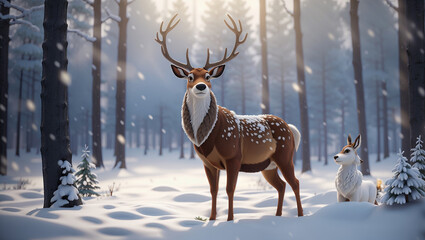 A deer and a rabbit are standing in a snowy forest.