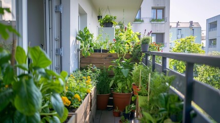 A compact urban garden on a balcony, utilizing vertical space for growing a variety of vegetables and flowers