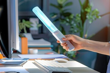 Hand holding a uv light sanitizer over a keyboard in an office setting, emphasizing modern hygiene and disinfection processes in the workplace to maintain cleanliness and health