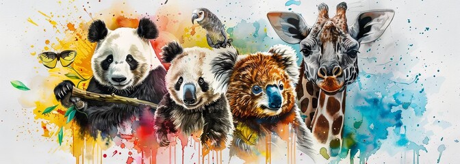 Colorful watercolor wildlife portrait with pandas and giraffe