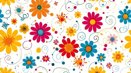 Colorful Floral Pattern with Swirls on White Background,Vibrant Retro Style for Gift Wrap or Textile
