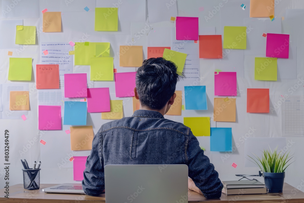 Poster discover an efficient workspace where a businessman organizes ideas on colorful sticky notes, workin