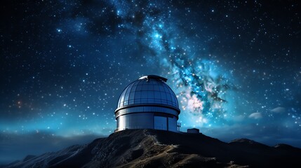 An astronomical observatory on a mountaintop. The night sky is clear and full of stars. The Milky Way is visible in the background.