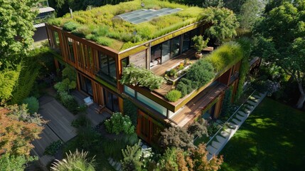 A detailed look at an innovative eco-friendly home, using green roofs and rainwater collection systems