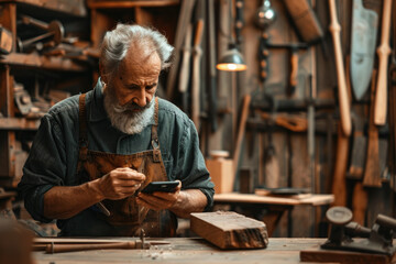 Fototapeta premium Carpenter man immersed in woodwork, deftly multitasking with a mobile phone amidst the hum of the workshop. Witness the fusion of craftsmanship and technology in this scene of skilled labor.