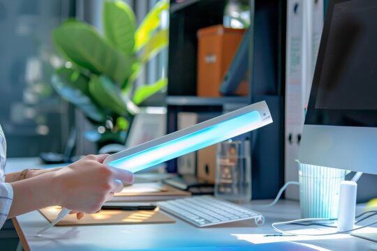 Close-up of a person's hands using a uv light sanitizer to disinfect an office workspace, focusing on cleanliness and health safety in the work environment - Powered by Adobe