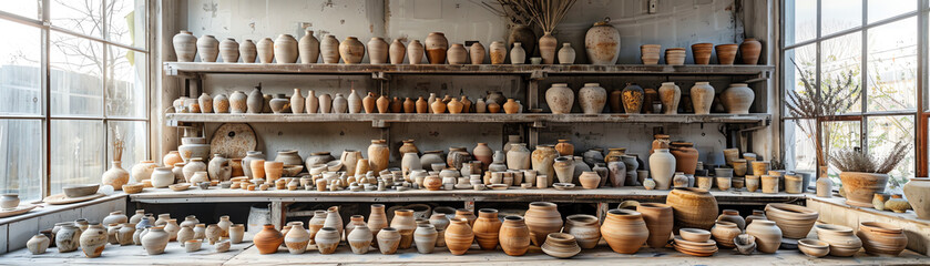 A pottery studio filled with shelves and tables of ceramic pots and vases of various sizes and shapes.