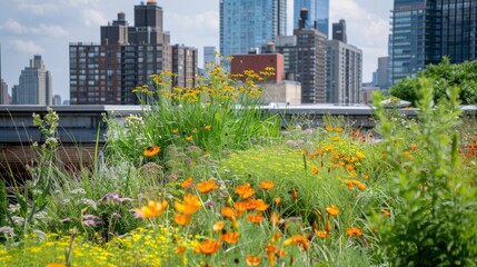 Fototapeta premium A lush green roof on an urban high-rise, full of native plants and flowers, providing a habitat for urban wildlife