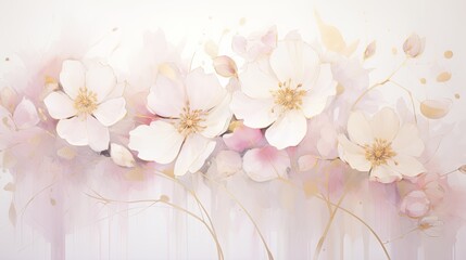 Elegant pastel floral painting with gold accents and delicate blossoms