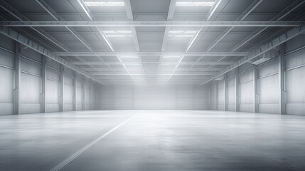 Empty industrial warehouse interior with bright lighting