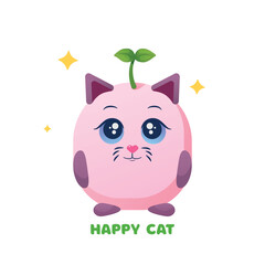Obraz premium Vector illustration with a happy cat on a white background. Sprout on the head. Emotions.