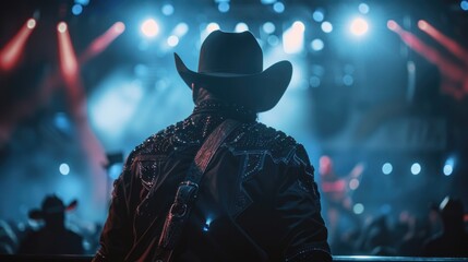 A man in a cowboy hat standing in front of a stage. Ideal for western themed designs