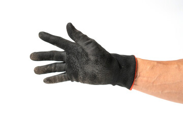 Man hand wearing black glove on white background