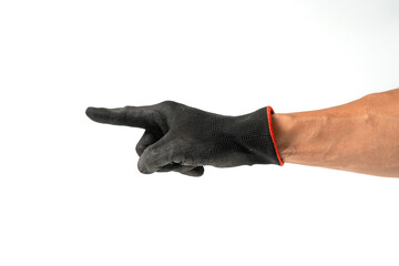 Man hand wearing black glove on white background