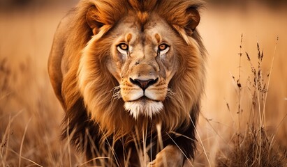 Fototapeta premium Majestic lion in warm sunlight prowling through the savannah