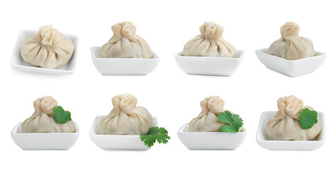 Delicious khinkali (dumplings) isolated on white, set