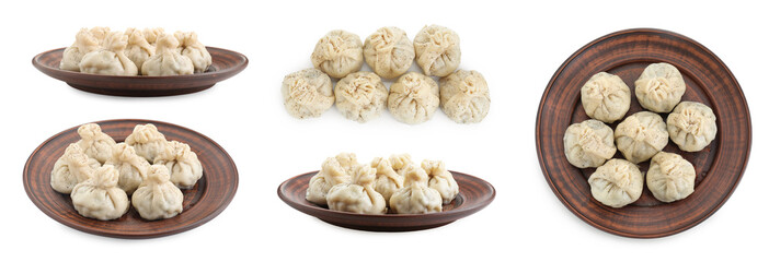 Delicious khinkali (dumplings) isolated on white, set