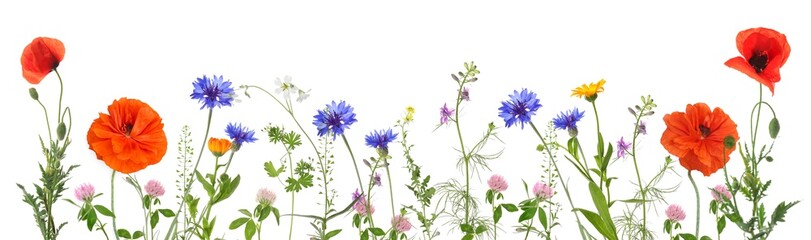 Beautiful blooming meadow flowers isolated on white, banner design