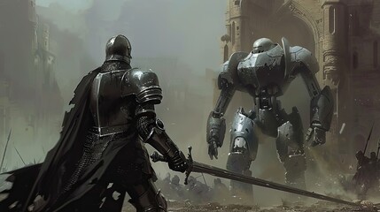 Epic confrontation between a medieval knight and a futuristic robot in a dystopian landscape