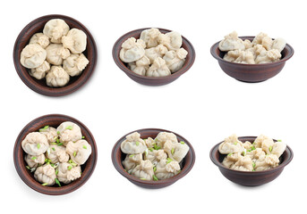 Delicious khinkali (dumplings) isolated on white, set