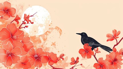 Serene silhouette of a bird among vibrant flowers and moon