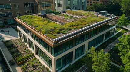 Fototapeta premium An aerial view of a green roof project in progress on a commercial building, emphasizing urban sustainability