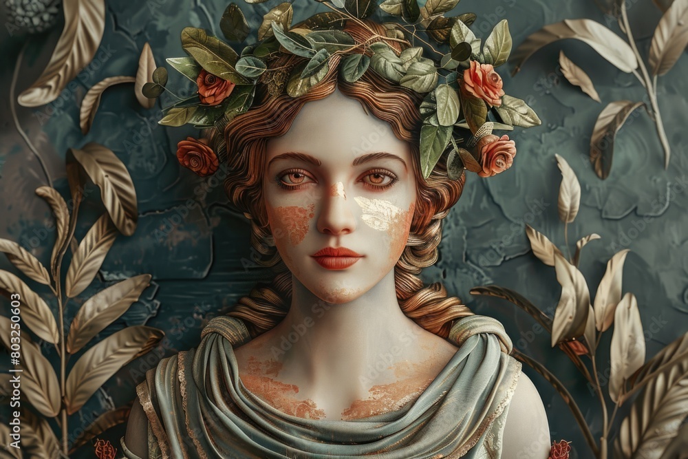 Poster a statue of a woman adorned with a wreath of flowers. suitable for various artistic projects