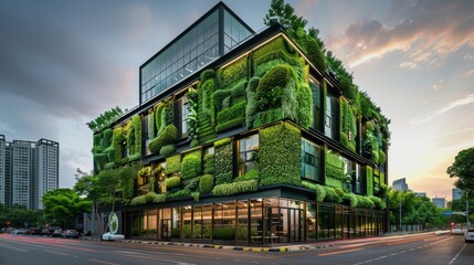 An eco-friendly office building with vertical gardens covering its facade, located in a busy city...