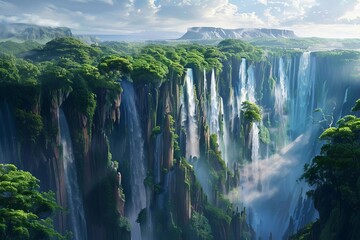 spectacular fantasy landscape featuring majestic waterfalls cascading down lush cliffs panoramic...