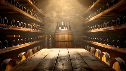 Dimly lit wine cellar with wooden table and shelves of wine bottles. Concept Wine Cellar, Dim Lighting, Wooden Table, Wine Bottles, Atmospheric Settings