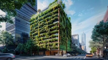 Fototapeta premium An eco-friendly office building with vertical gardens covering its facade, located in a busy city center