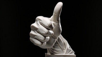 White sculpture of a human hand doing thumbs up gesture against black background