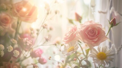 Ethereal floral display: Soft-lit roses and daisies near window