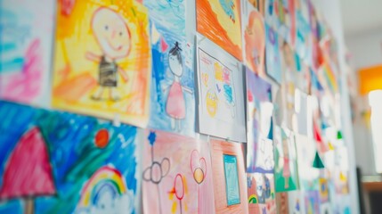 Colorful children’s artwork displayed on classroom wall