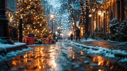 Festive Christmas Scene with Decorated Tree and Gift Boxes on a Snowy City Street at Night