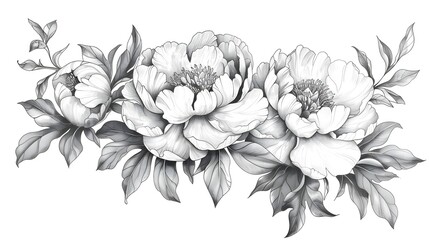 Beautifully Sketched Peony Florals with Lush Foliage in Vertical Alignment