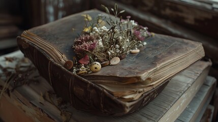 Vintage book open on a wooden table with a bowl of dried flowers