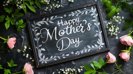 Elegant happy Mother's Day message on chalkboard with roses and greenery